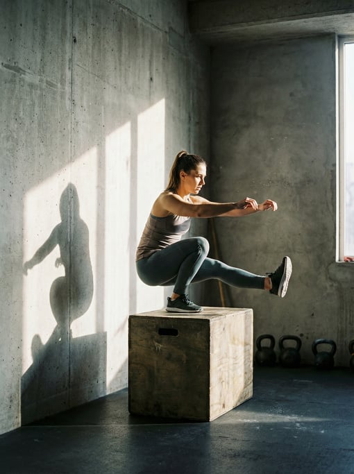 Woman performing a pistol squat on a wooden box, one leg extended forward, perfect balance
