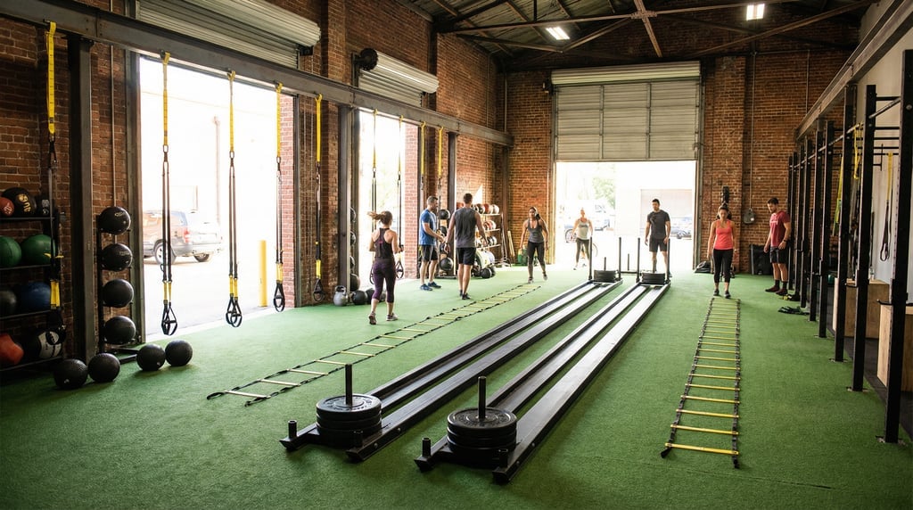 Wide shot of a functional training zone with TRX straps, slam balls, sled tracks