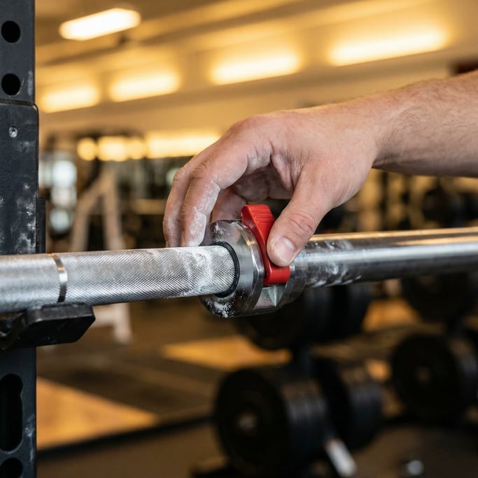 Close-up of a chalk-dusted barbell collar being loaded onto a competition bar