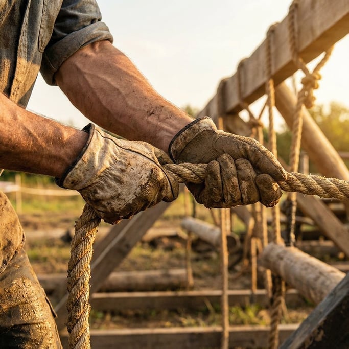 Detail of a hand-over-hand rope pull on a thick braided rope, the rope taut and muddy