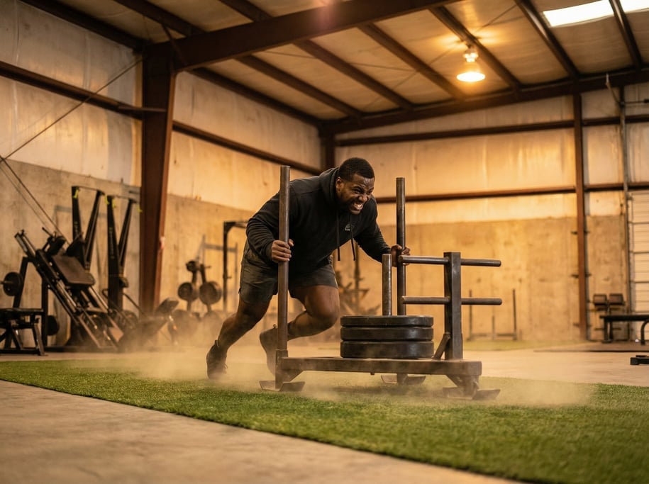 Sled push in an industrial gym: athlete driving a weighted prowler sled across turf