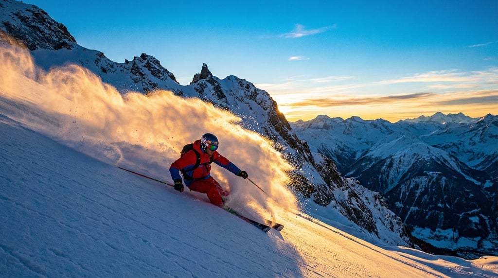 Downhill skier carving through fresh powder on a steep open face