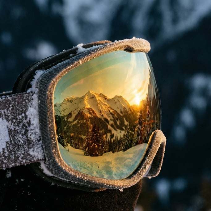 Detail of a pair of ski goggles reflecting a mountain landscape in the curved lens