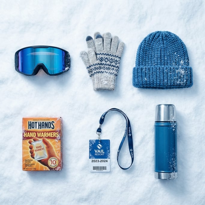 Flat lay of winter sports gear on white snow: ski goggles, gloves, beanie, hand warmers, lift pass