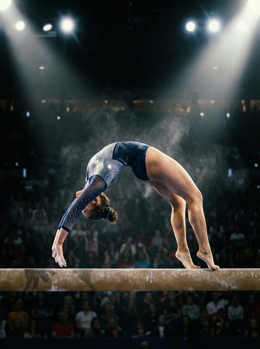 Gymnast on a balance beam performing a back walkover, body arched in a perfect bridge