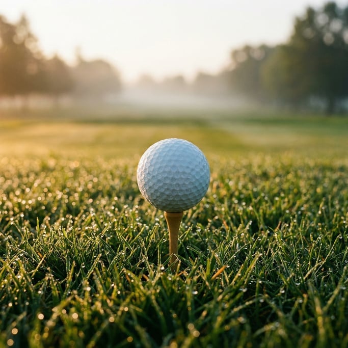 Close-up of a golf ball on a tee at dawn, morning dew on the grass, shallow depth of field
