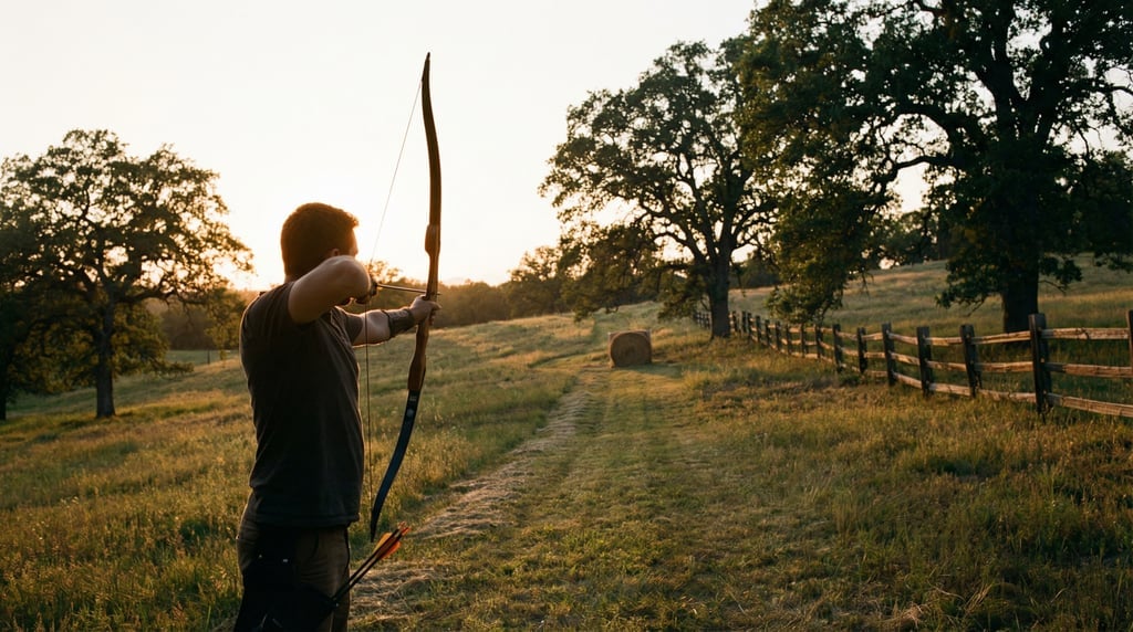 Wide shot of an archery range with a lone archer at full draw