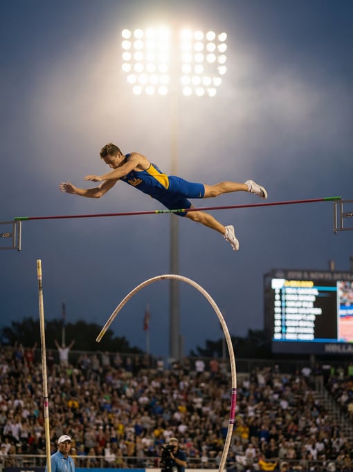 Pole vaulter at the peak of clearance, body horizontal above the bar, the pole bent below