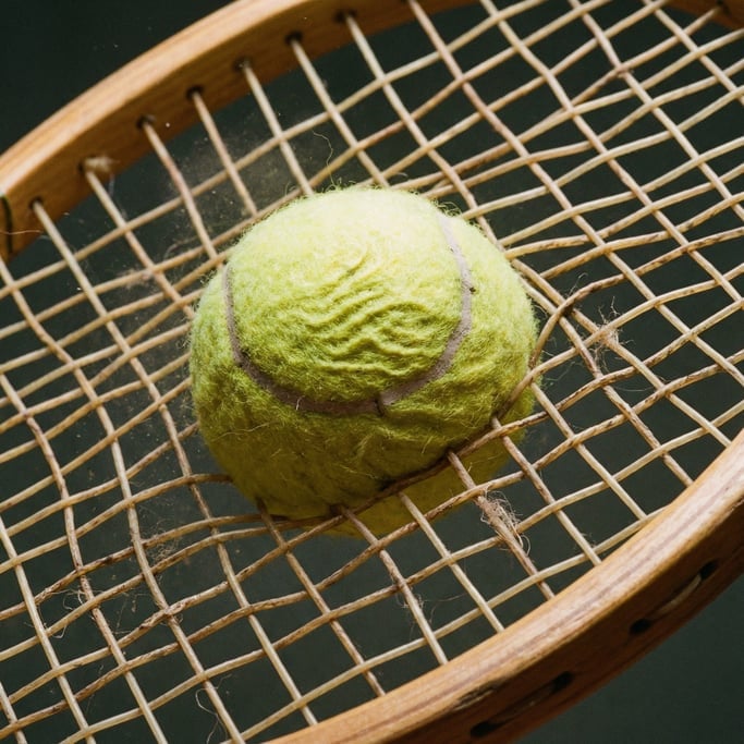 Close-up of a tennis racket strung with gut strings, the precise weave pattern visible