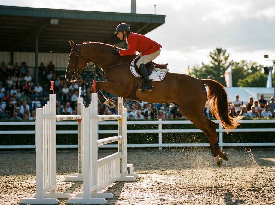 Equestrian show jumper clearing a fence, horse and rider in perfect form mid-air