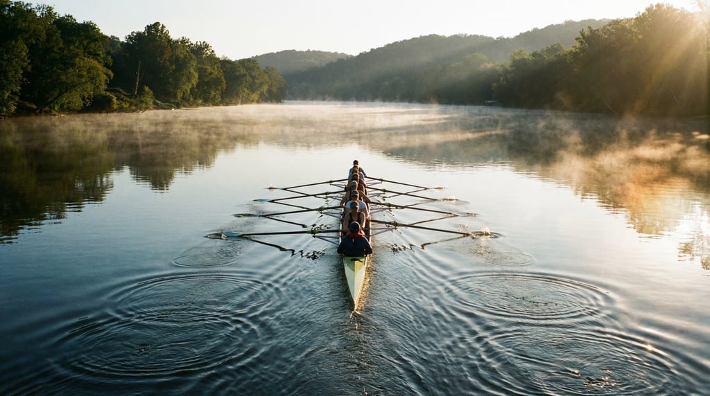 Wide shot of a rowing crew in an eight-person shell on a glassy river at dawn
