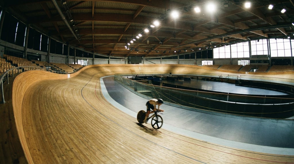 Wide shot of a velodrome cycling track with the steeply banked curves, polished wooden surface