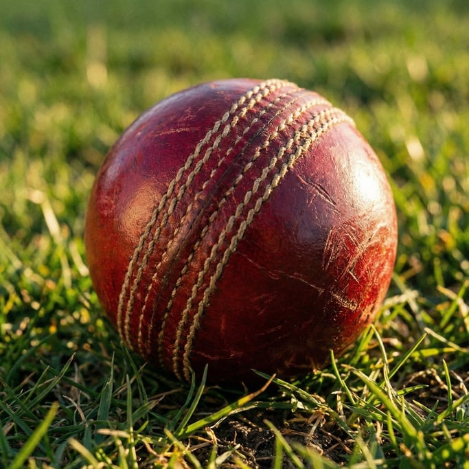 Detail of a cricket ball showing the raised leather seam, rich cherry red color