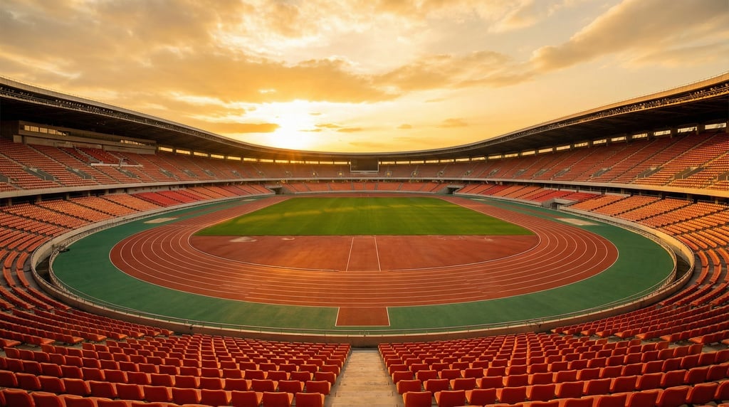 Wide shot of an empty Olympic track and field stadium at sunset