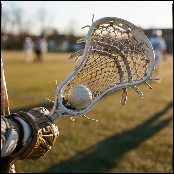 Close-up of a lacrosse stick head cradling a white ball in the mesh pocket, gloved hands visible