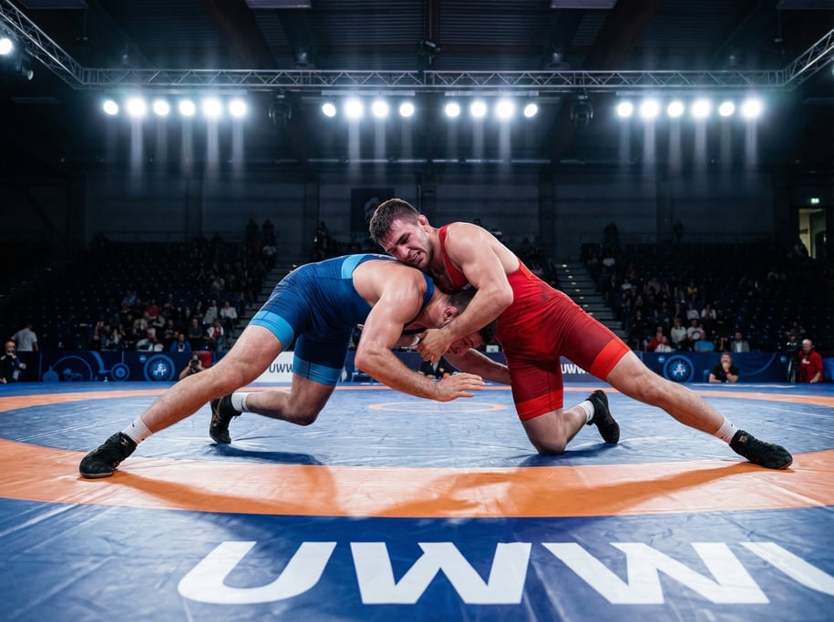 Wrestler in a takedown position, two athletes grappling on a competition mat, bodies intertwined