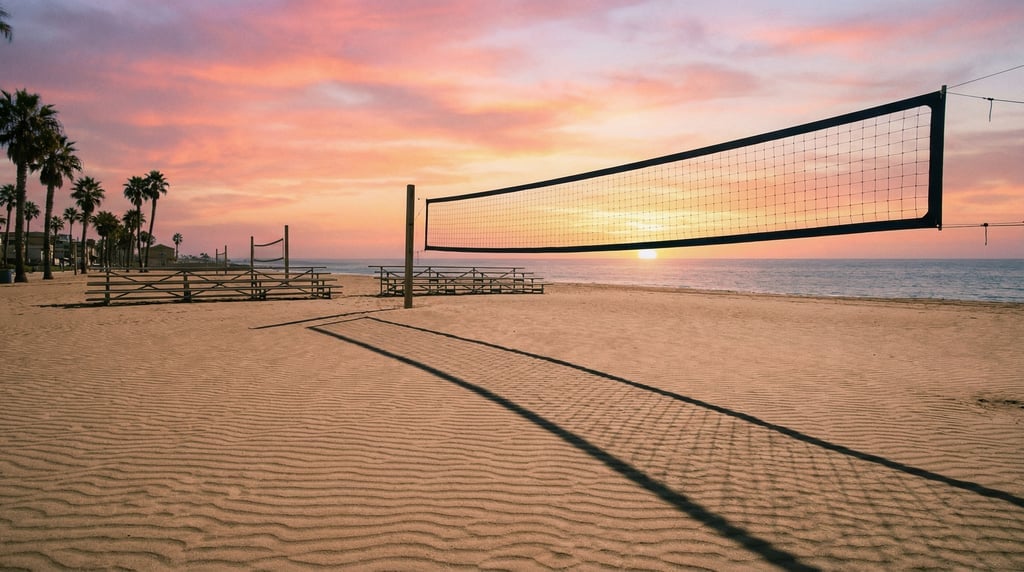 Wide shot of a beach volleyball court at sunset, the net casting a long shadow on the sand