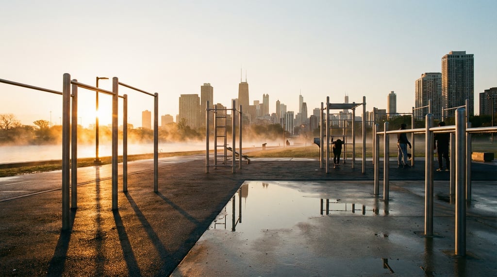 Wide shot of an outdoor calisthenics park at sunrise, parallel bars, pull-up stations