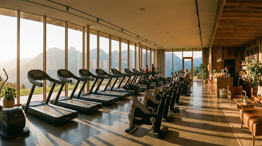 Panoramic view of a luxury gym with floor-to-ceiling windows overlooking mountains