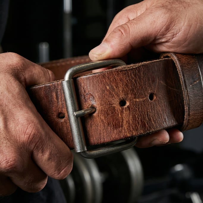 Macro close-up of a weightlifting belt buckle being fastened around a waist