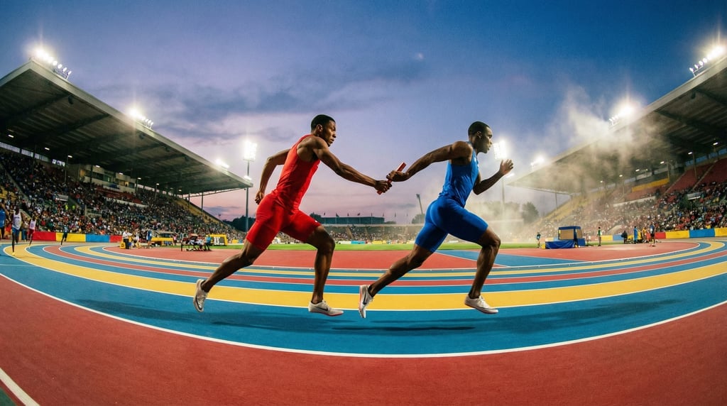 Wide shot of relay runners in a baton exchange zone, the handoff moment frozen