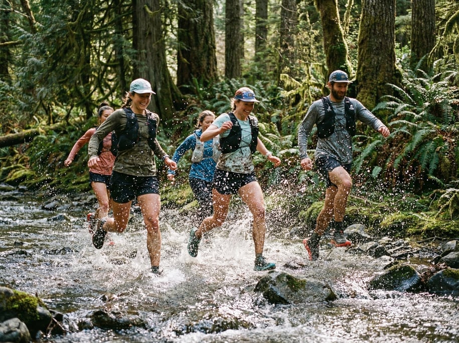 Group of trail runners crossing a shallow stream, water splashing around their feet