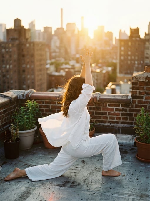 Yoga practitioner in a deep pigeon pose on a rooftop at sunset, city skyline in warm blur behind