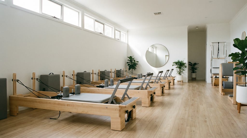 Wide shot of a Pilates studio with reformer machines in a row, clean white space