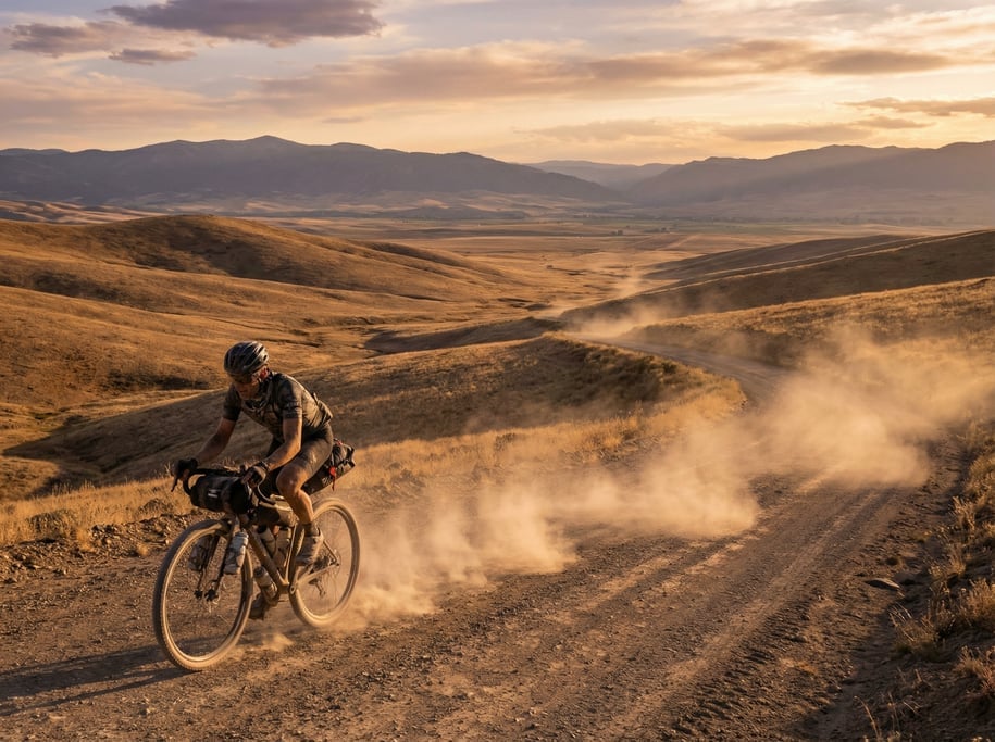 Gravel cyclist on a remote unpaved road through rolling golden hills, dust cloud behind