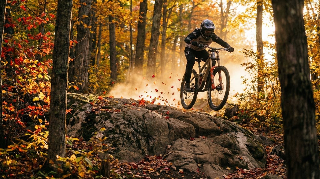 Wide shot of a downhill mountain biker airborne over a rocky drop, forest trail in autumn colors