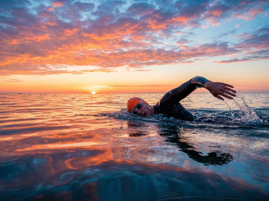 Open water swimmer in a wetsuit cutting through glassy ocean at sunrise, clean stroke