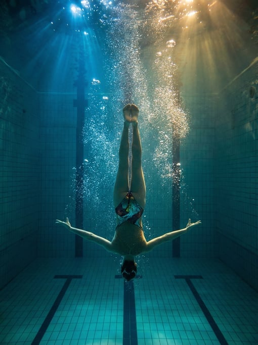 Underwater shot of a synchronized swimmer in a vertical position, legs above the surface
