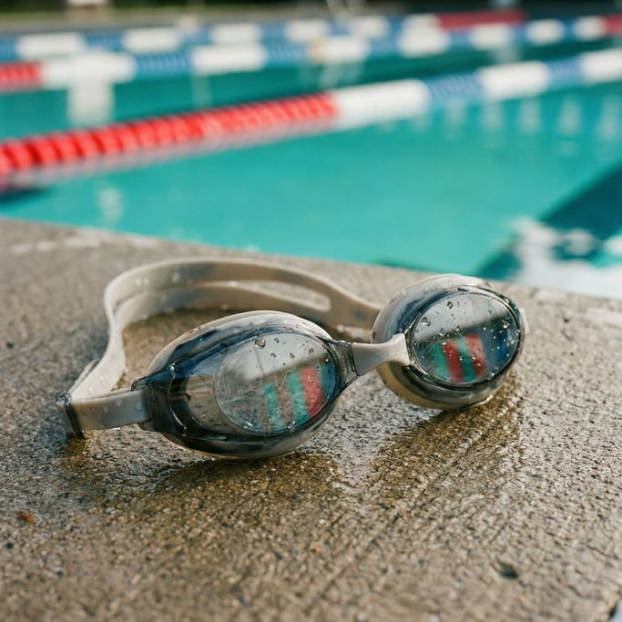 Close-up of a swimmers goggles on the pool edge, water droplets on the lenses