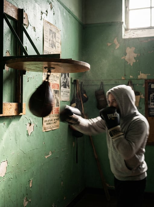Speed bag workout: blur of the leather bag oscillating rapidly, boxer hands a blur