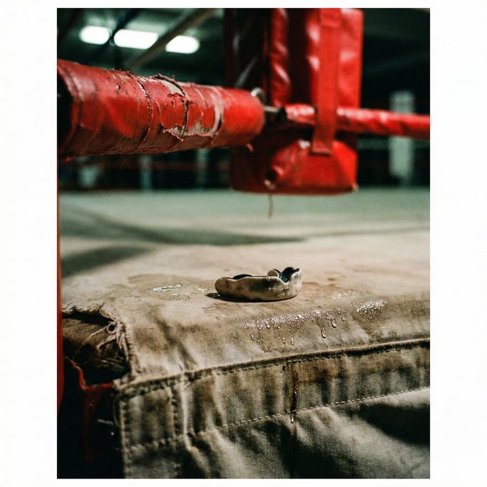 Close-up of a mouthguard resting on the edge of a boxing ring canvas, sweat drops beside it