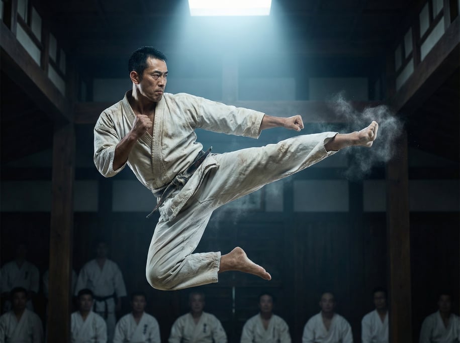 Karate practitioner executing a perfect side kick, gi snapping with the motion