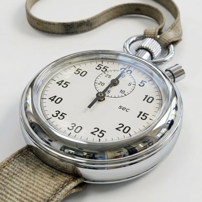 Close-up of a stopwatch face showing a split time, the chrome case reflecting gym lights