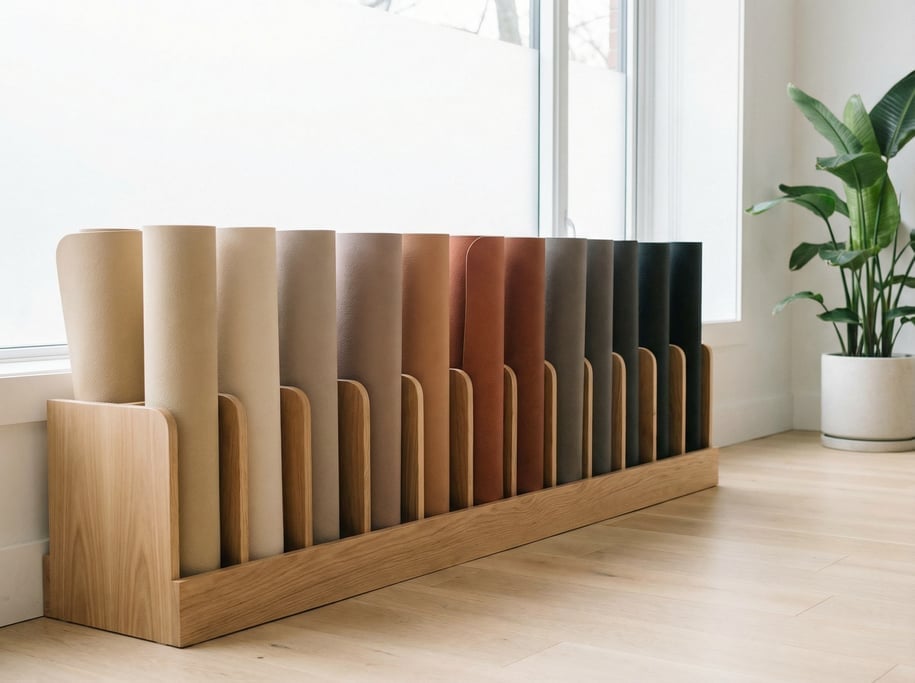 Row of yoga mats rolled and standing upright in a wooden rack