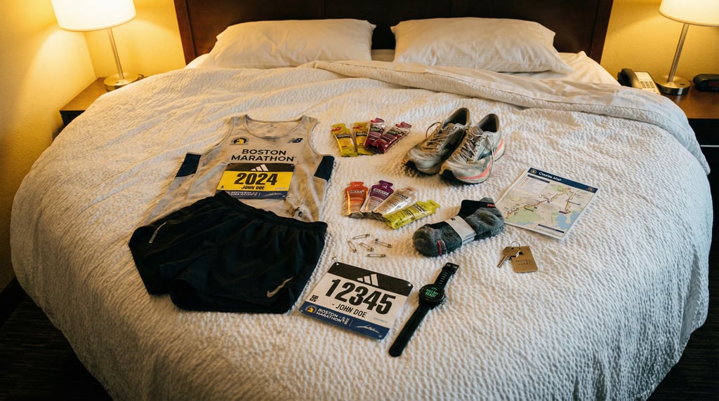 Wide flat lay of a runners race-day kit on a hotel bed: singlet, shorts, shoes, socks, energy gels