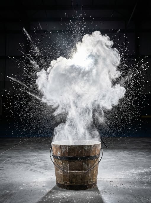 Gymnastics chalk bucket with a puff of white chalk dust rising above it, frozen mid-explosion