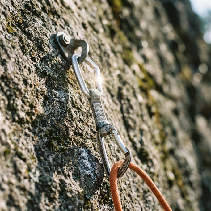Close-up of rock climbing quickdraw clipped to a bolt on a rock face