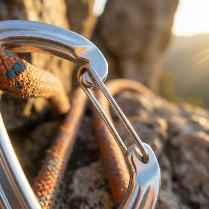 Close-up of a carabiner gate mechanism, the spring-loaded gate partially open