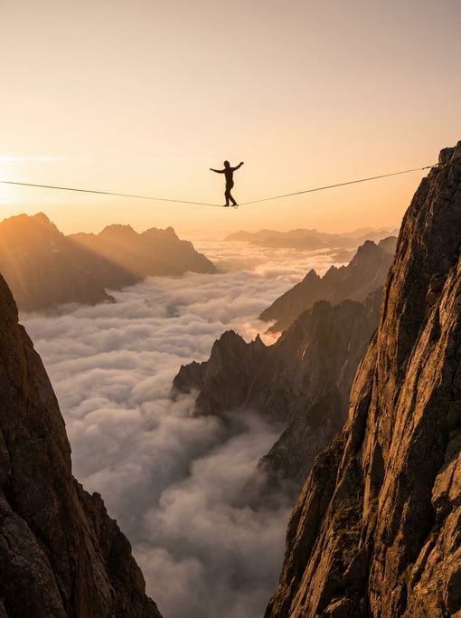 Highliner walking a slackline between mountain peaks above a cloud-filled valley