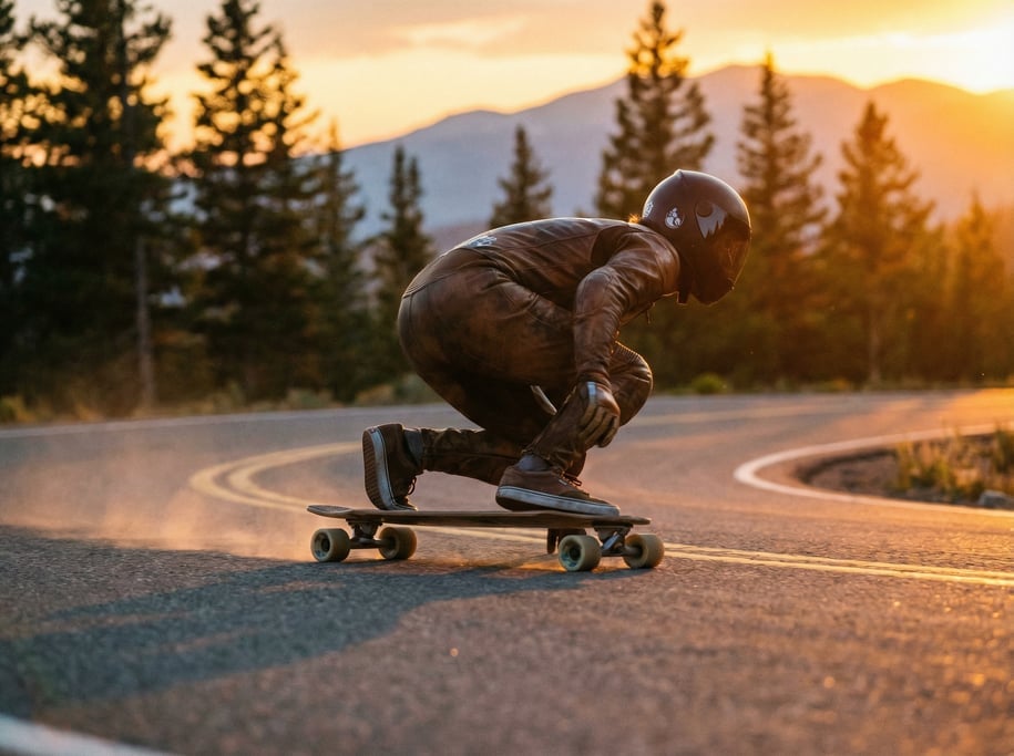 Longboard skateboarder carving a downhill mountain road, low perspective