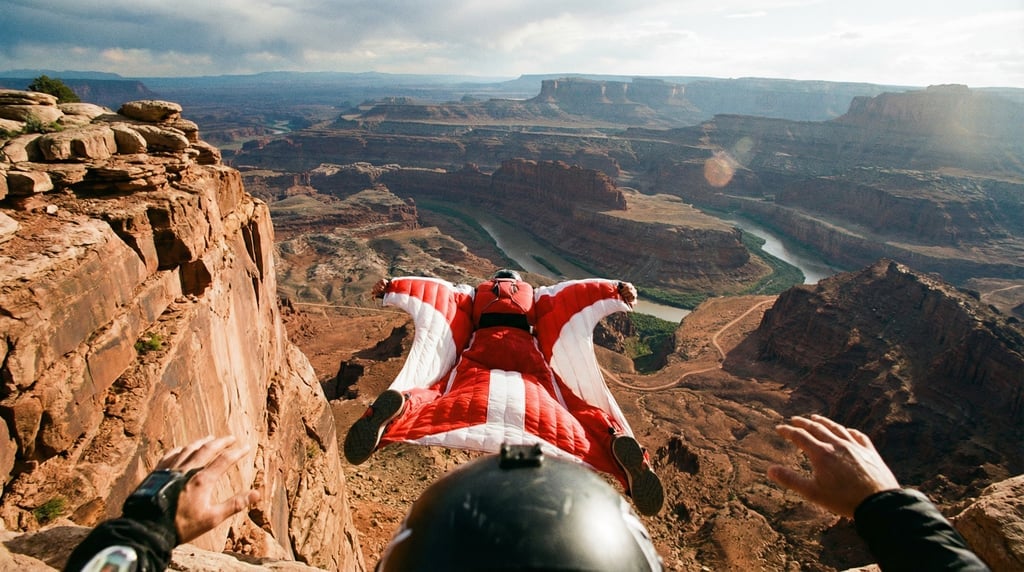 Wide shot of a base jumper leaping from a cliff edge, wingsuit just deployed