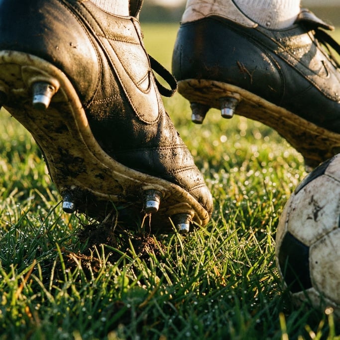 Close-up of soccer cleats on fresh grass, the studs pressing into the turf, morning dew droplets