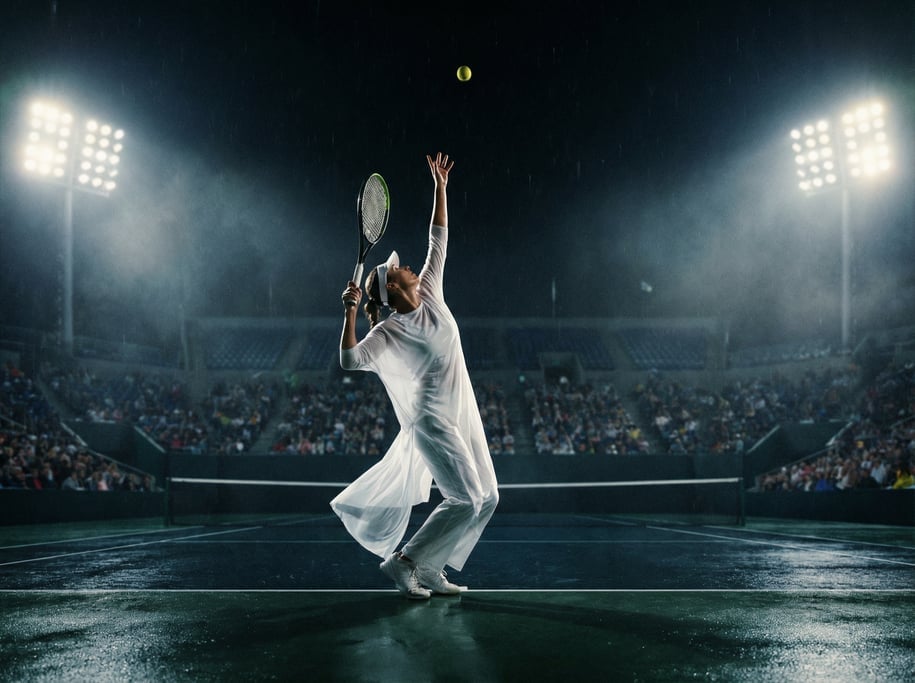 Tennis player serving at full extension, racket about to contact the ball at the highest point