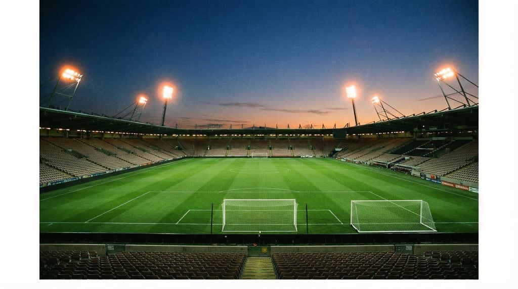 Wide shot of an empty soccer stadium at twilight, the green pitch immaculately maintained