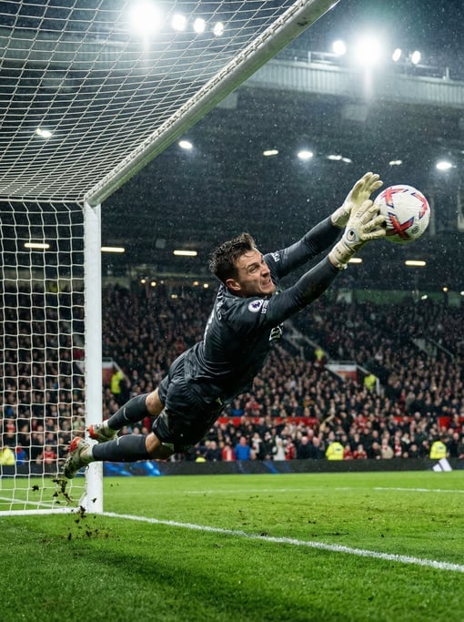 Goalkeeper diving full stretch to save a shot, body horizontal in the air