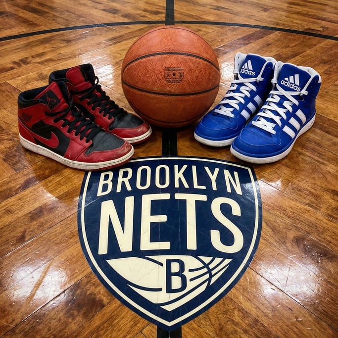Overhead shot of a basketball and two pairs of sneakers on a court